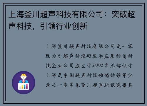 上海釜川超声科技有限公司：突破超声科技，引领行业创新